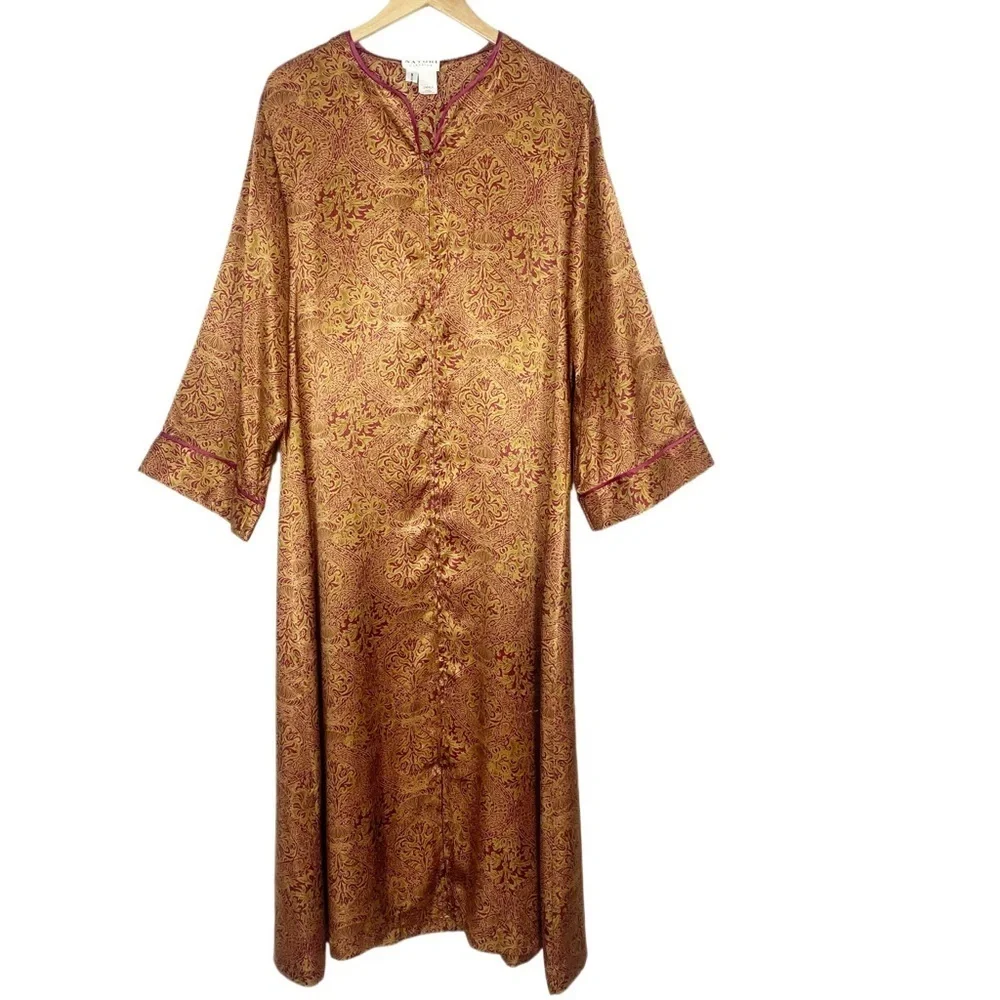 Vintage Natori Satin Paisley Printed 3/4 Sleeve Zip Front Kaftan Robe